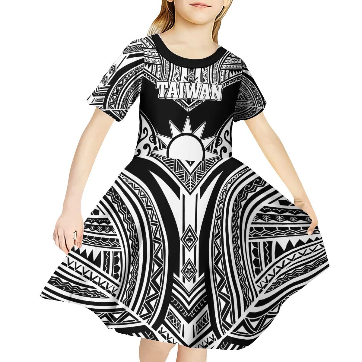 Personalised Taiwan Kid Short Sleeve Dress Austronesian Tribal Tattoo Black - Polynesian Pride