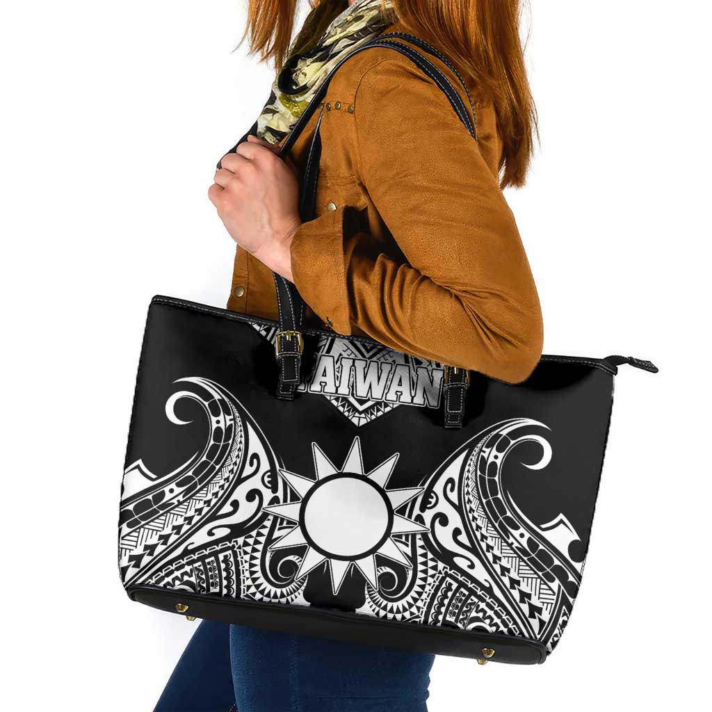 Taiwan Leather Tote Bag Austronesian Tribal Tattoo Black - Polynesian Pride