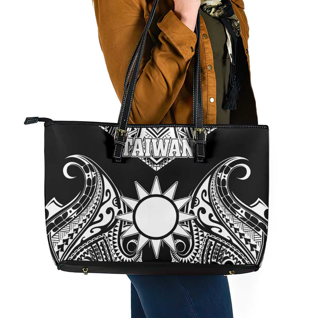 Taiwan Leather Tote Bag Austronesian Tribal Tattoo Black - Polynesian Pride