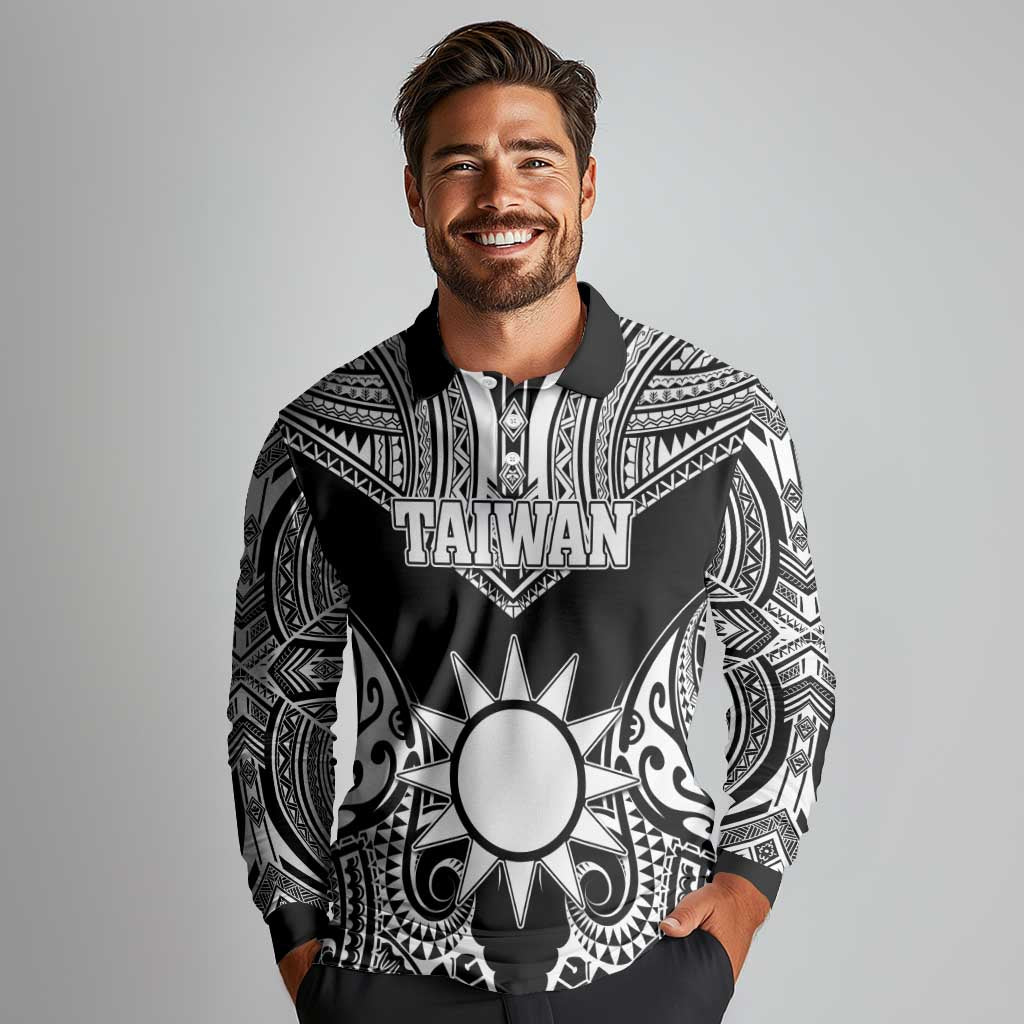 Personalised Taiwan Long Sleeve Polo Shirt Austronesian Tribal Tattoo Black - Polynesian Pride