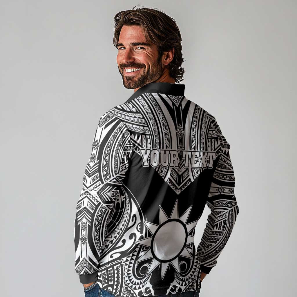 Personalised Taiwan Long Sleeve Polo Shirt Austronesian Tribal Tattoo Black - Polynesian Pride