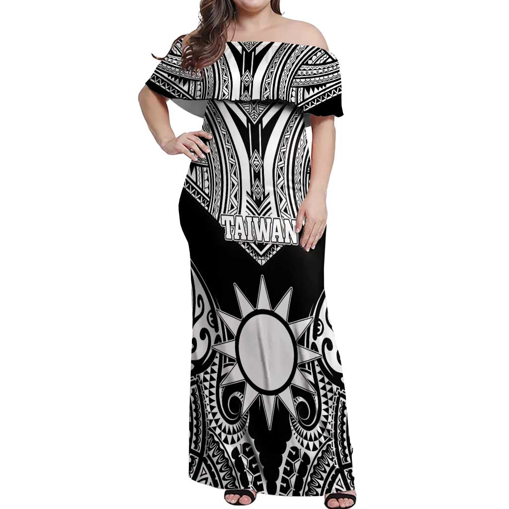 Personalised Taiwan Off Shoulder Maxi Dress Austronesian Tribal Tattoo Black - Polynesian Pride