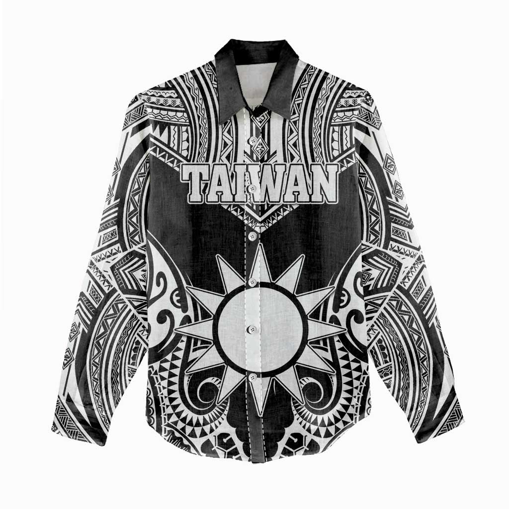 Personalised Taiwan Women Casual Shirt Austronesian Tribal Tattoo Black - Polynesian Pride