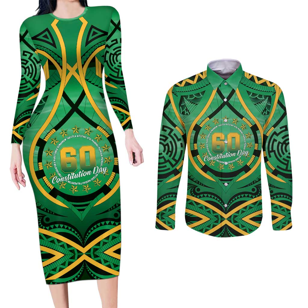 Cook Islands Constitution Day Couples Matching Long Sleeve Bodycon Dress and Long Sleeve Button Shirt 60th Anniversary - Polynesian Pride