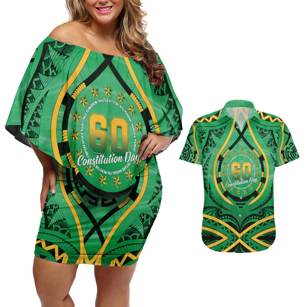 Cook Islands Constitution Day Couples Matching Off Shoulder Short Dress and Hawaiian Shirt 60th Anniversary - Polynesian Pride