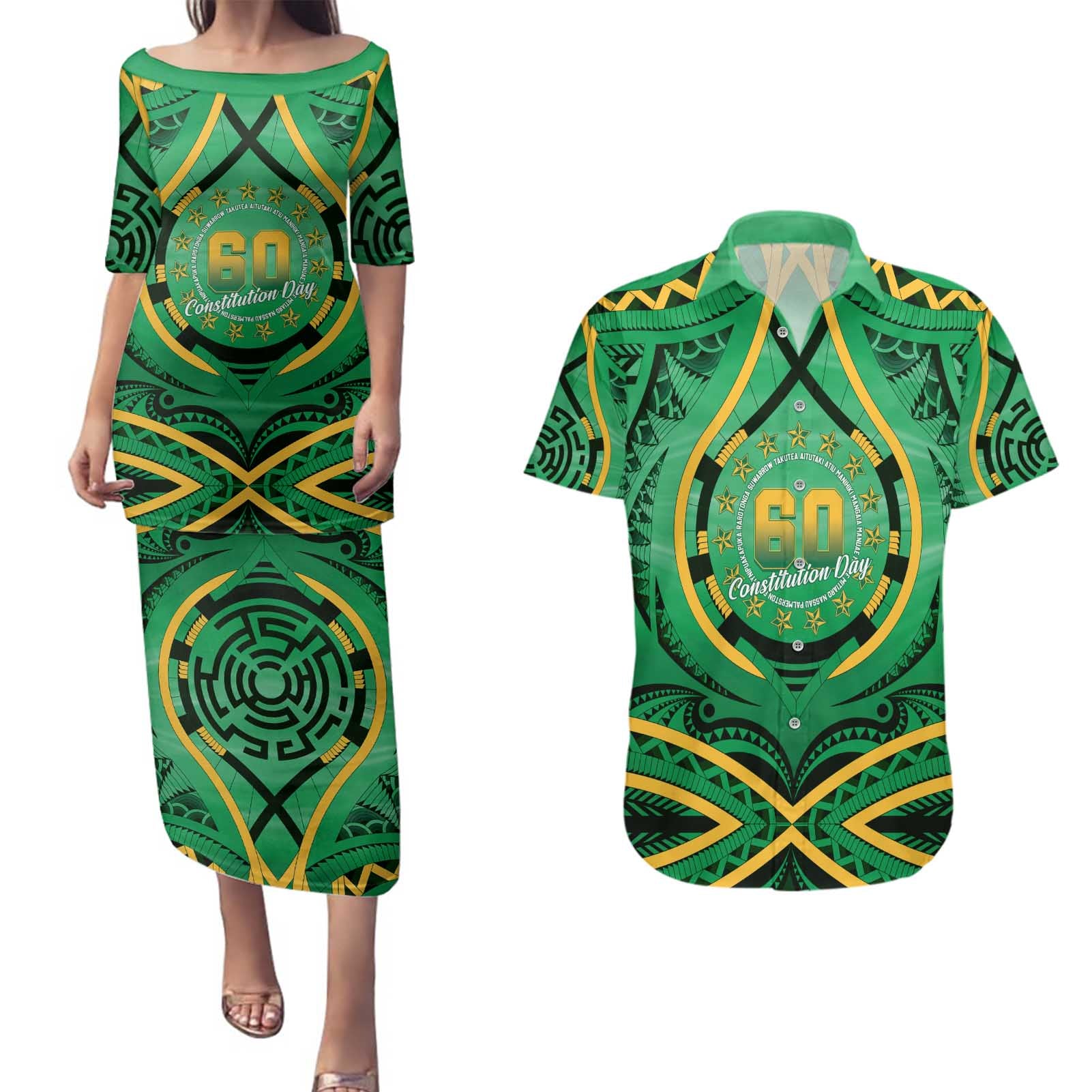 Cook Islands Constitution Day Couples Matching Puletasi and Hawaiian Shirt 60th Anniversary - Polynesian Pride