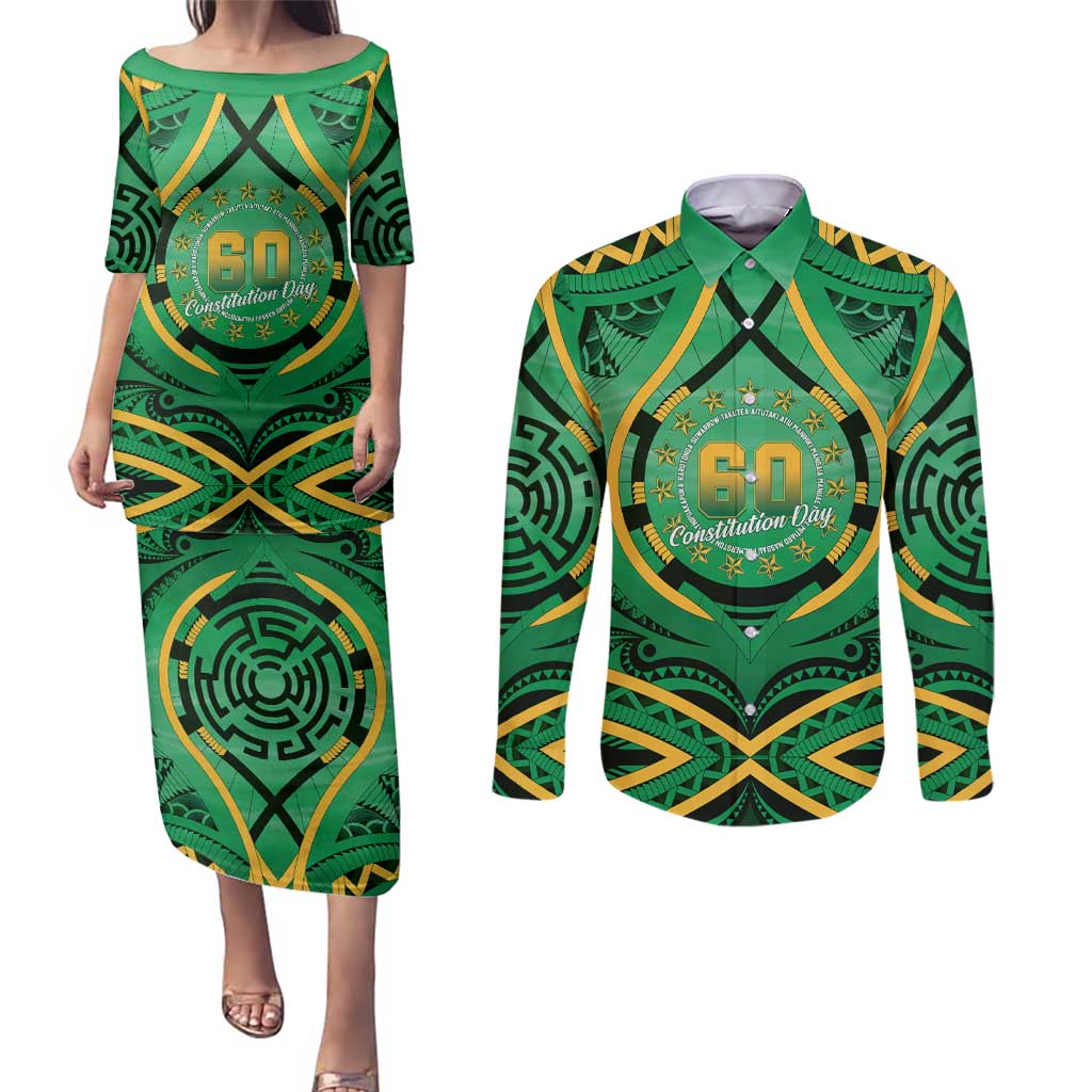Cook Islands Constitution Day Couples Matching Puletasi and Long Sleeve Button Shirt 60th Anniversary - Polynesian Pride