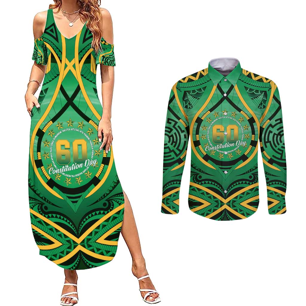 Cook Islands Constitution Day Couples Matching Summer Maxi Dress and Long Sleeve Button Shirt 60th Anniversary - Polynesian Pride