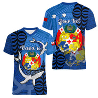 Personalized Tonga Vavau Women V Neck T Shirt Humpback Whale Coat Of Arms With Ngatu Pattern LT05 - Polynesian Pride