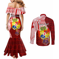Personalized Tonga Niuas Couples Matching Mermaid Dress and Long Sleeve Button Shirts White Tailed Tropicbird With Ngatu Pattern LT05 - Polynesian Pride