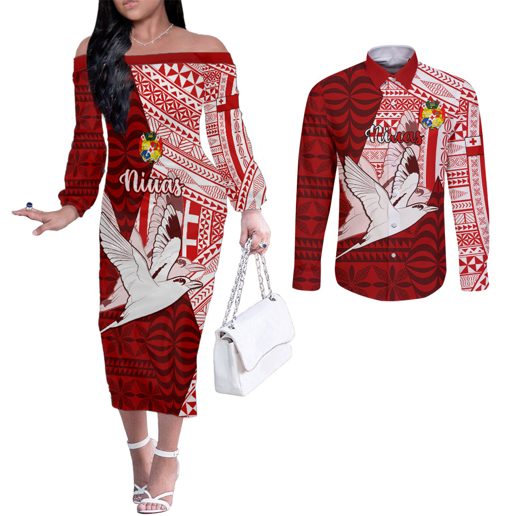 Personalized Tonga Niuas Couples Matching Off The Shoulder Long Sleeve Dress and Long Sleeve Button Shirts White Tailed Tropicbird With Ngatu Pattern LT05 Red - Polynesian Pride