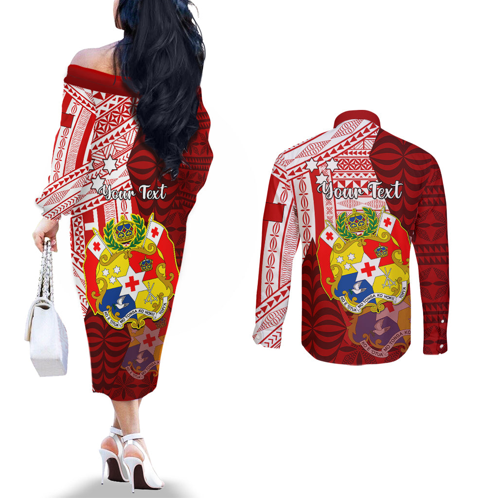 Personalized Tonga Niuas Couples Matching Off The Shoulder Long Sleeve Dress and Long Sleeve Button Shirts White Tailed Tropicbird With Ngatu Pattern LT05 - Polynesian Pride