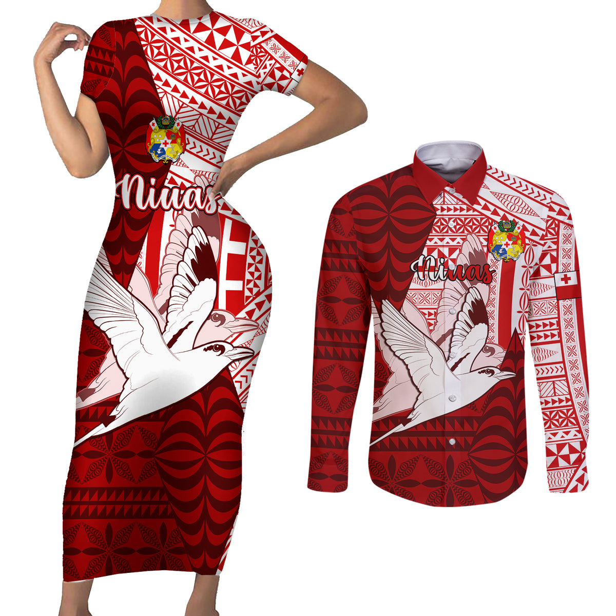 Personalized Tonga Niuas Couples Matching Short Sleeve Bodycon Dress and Long Sleeve Button Shirts White Tailed Tropicbird With Ngatu Pattern LT05 Red - Polynesian Pride