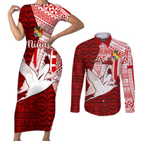 Personalized Tonga Niuas Couples Matching Short Sleeve Bodycon Dress and Long Sleeve Button Shirts White Tailed Tropicbird With Ngatu Pattern LT05 Red - Polynesian Pride