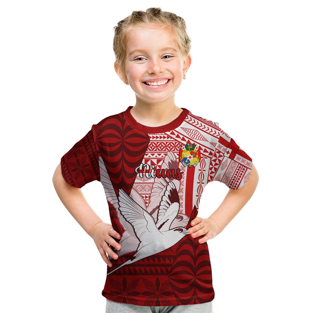 Personalized Tonga Niuas Kid T Shirt White Tailed Tropicbird With Ngatu Pattern LT05 Red - Polynesian Pride
