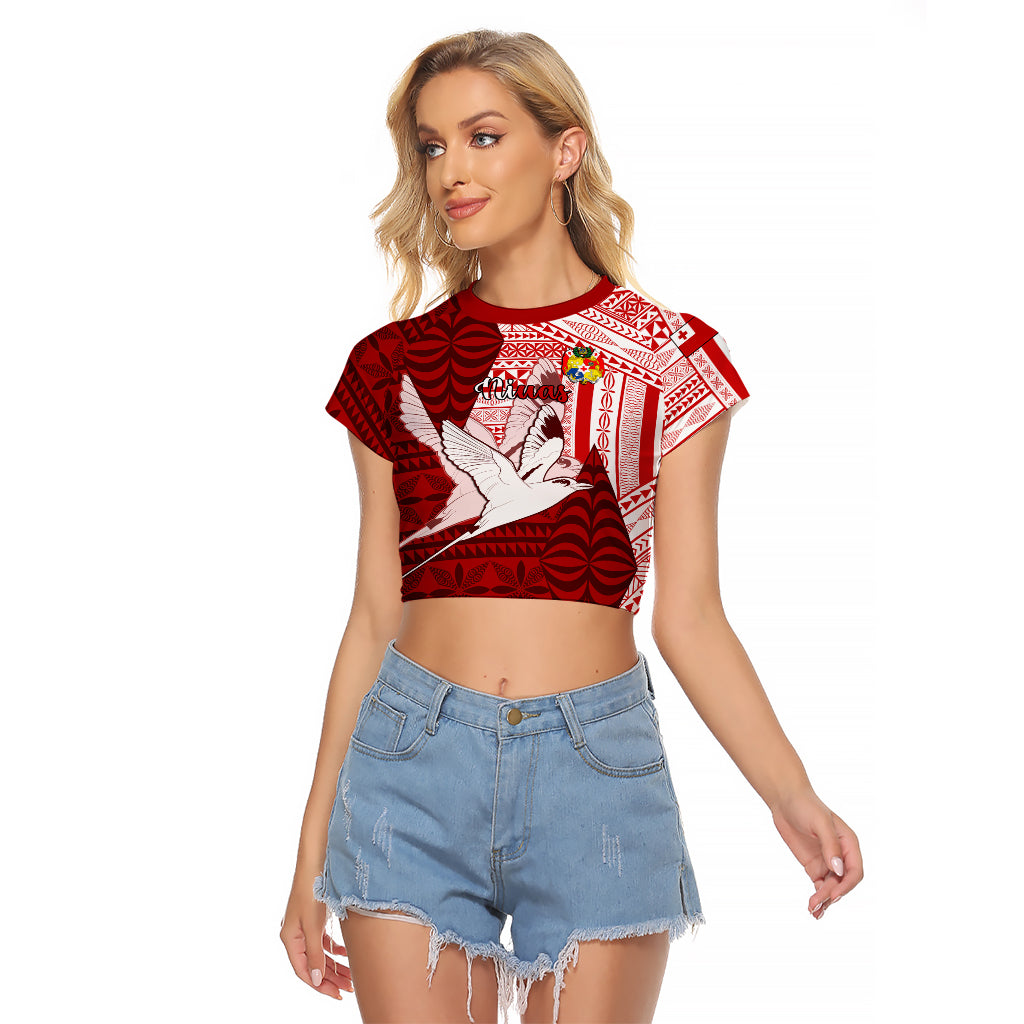 Personalized Tonga Niuas Raglan Cropped T Shirt White Tailed Tropicbird With Ngatu Pattern LT05 Female Red - Polynesian Pride