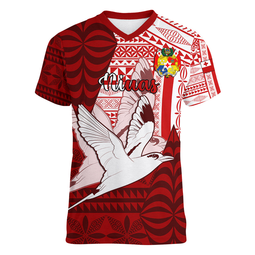Personalized Tonga Niuas Women V Neck T Shirt White Tailed Tropicbird With Ngatu Pattern LT05 Female Red - Polynesian Pride