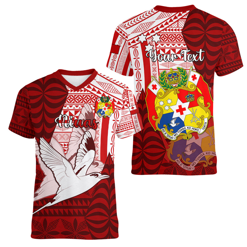 Personalized Tonga Niuas Women V Neck T Shirt White Tailed Tropicbird With Ngatu Pattern LT05 - Polynesian Pride