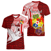 Personalized Tonga Niuas Women V Neck T Shirt White Tailed Tropicbird With Ngatu Pattern LT05 - Polynesian Pride