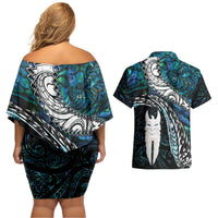 New Zealand Aotearoa Couples Matching Off Shoulder Short Dress and Hawaiian Shirt Maori Hei Rehua Paua Shell Glitter Green