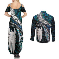 New Zealand Aotearoa Couples Matching Summer Maxi Dress and Long Sleeve Button Shirt Maori Hei Rehua Paua Shell Glitter Green