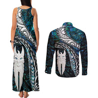 New Zealand Aotearoa Couples Matching Tank Maxi Dress and Long Sleeve Button Shirt Maori Hei Rehua Paua Shell Glitter Green