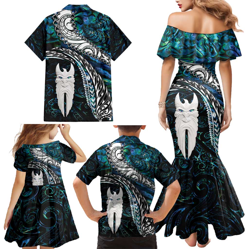 New Zealand Aotearoa Family Matching Mermaid Dress and Hawaiian Shirt Maori Hei Rehua Paua Shell Glitter Green