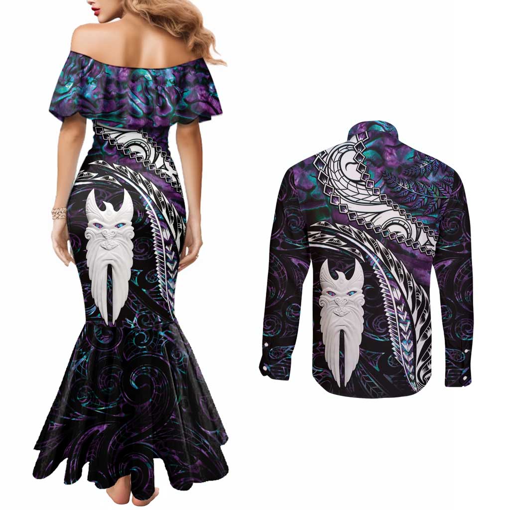 New Zealand Aotearoa Couples Matching Mermaid Dress and Long Sleeve Button Shirt Maori Hei Rehua Paua Shell Glitter Purple