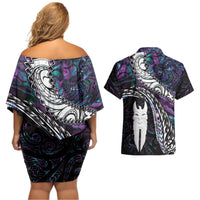 New Zealand Aotearoa Couples Matching Off Shoulder Short Dress and Hawaiian Shirt Maori Hei Rehua Paua Shell Glitter Purple
