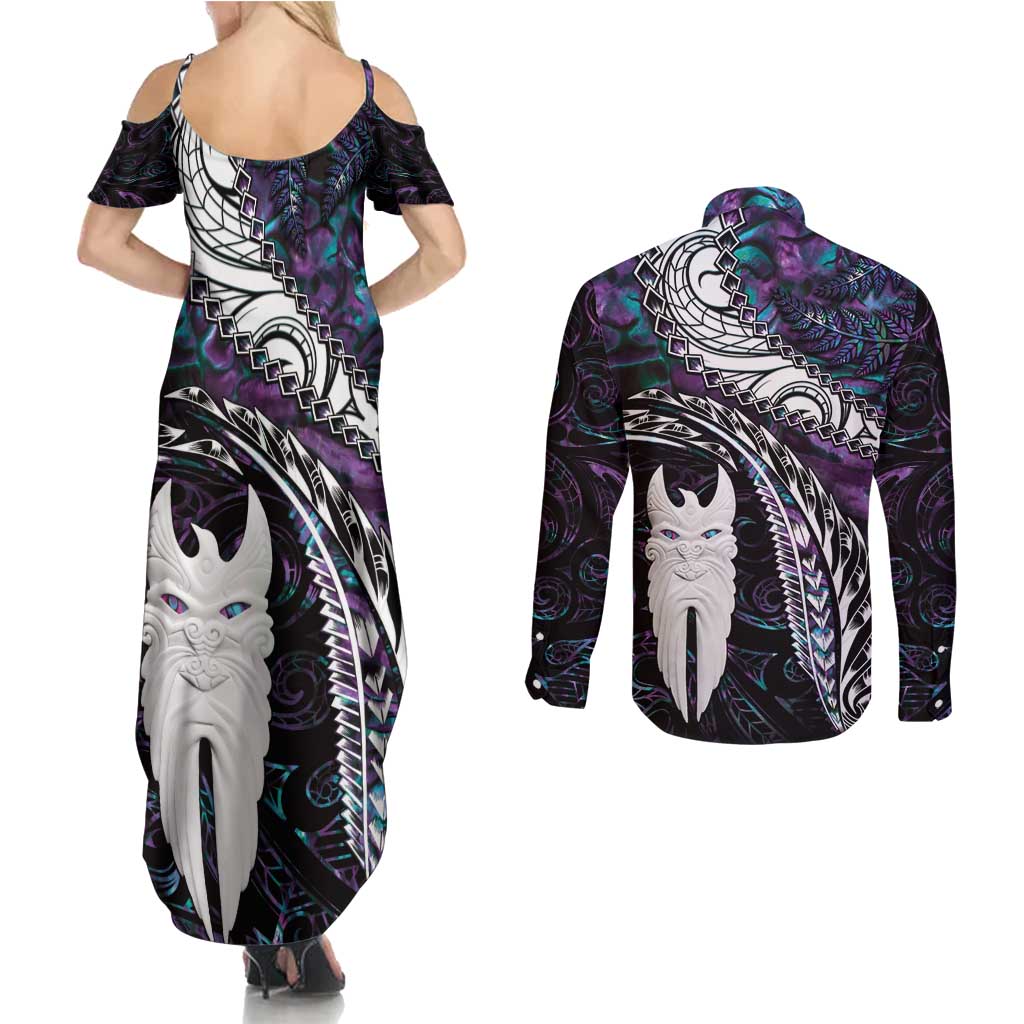 New Zealand Aotearoa Couples Matching Summer Maxi Dress and Long Sleeve Button Shirt Maori Hei Rehua Paua Shell Glitter Purple