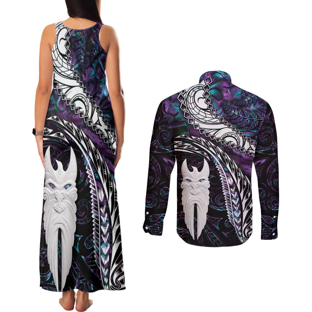 New Zealand Aotearoa Couples Matching Tank Maxi Dress and Long Sleeve Button Shirt Maori Hei Rehua Paua Shell Glitter Purple