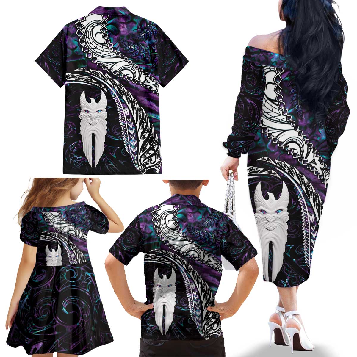 New Zealand Aotearoa Family Matching Off The Shoulder Long Sleeve Dress and Hawaiian Shirt Maori Hei Rehua Paua Shell Glitter Purple