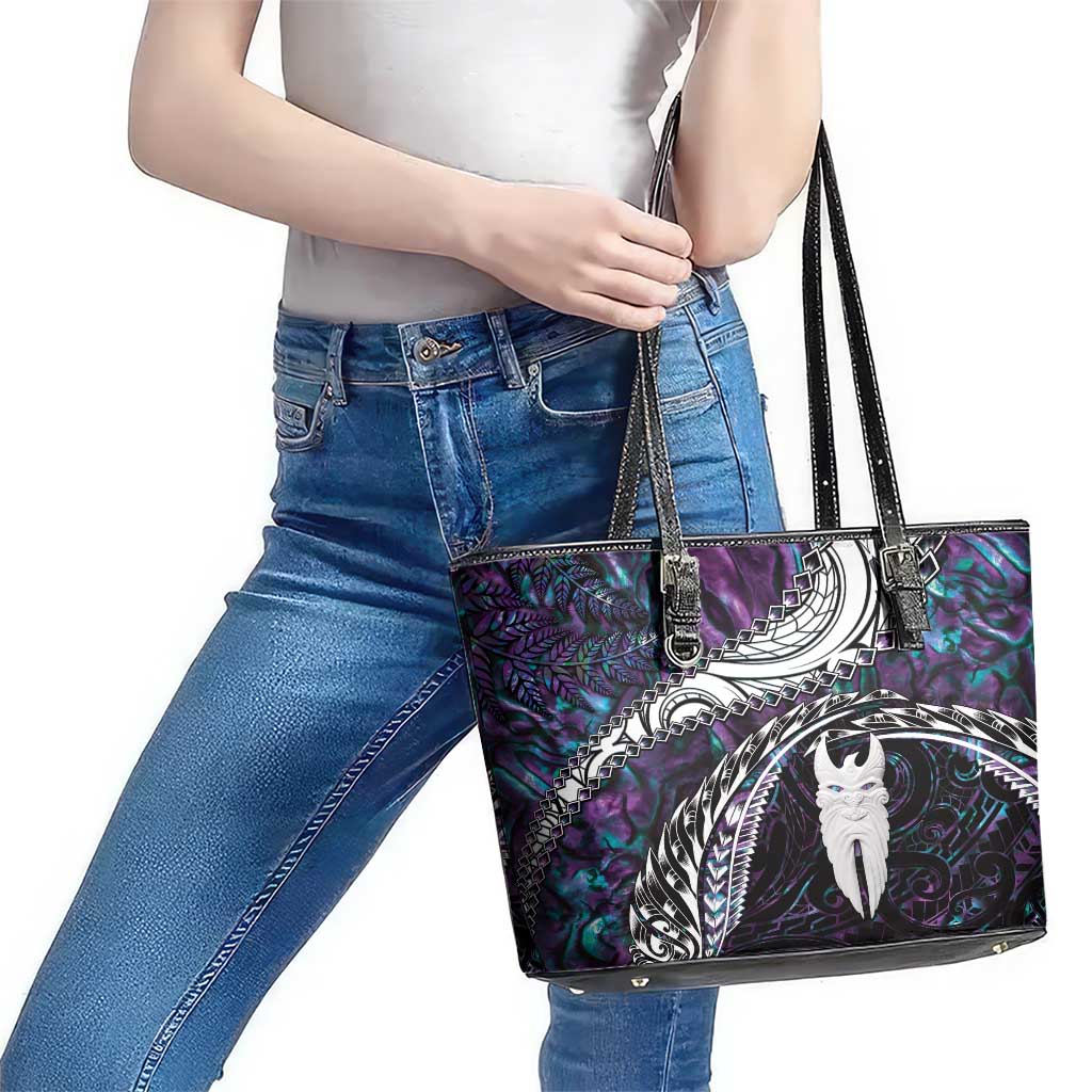 New Zealand Aotearoa Leather Tote Bag Maori Hei Rehua Paua Shell Glitter Purple