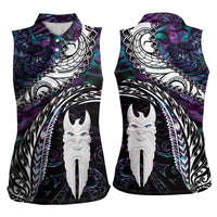 New Zealand Aotearoa Women Sleeveless Polo Shirt Maori Hei Rehua Paua Shell Glitter Purple