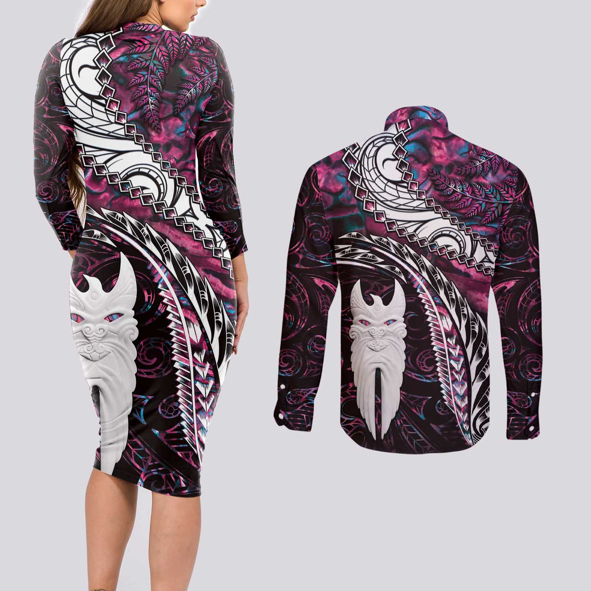New Zealand Aotearoa Couples Matching Long Sleeve Bodycon Dress and Long Sleeve Button Shirt Maori Hei Rehua Paua Shell Glitter Pink