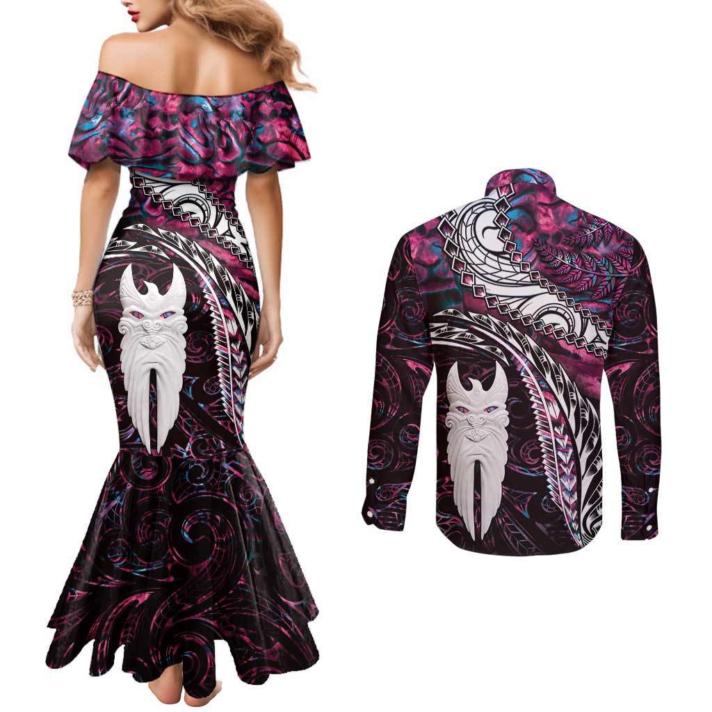 New Zealand Aotearoa Couples Matching Mermaid Dress and Long Sleeve Button Shirt Maori Hei Rehua Paua Shell Glitter Pink