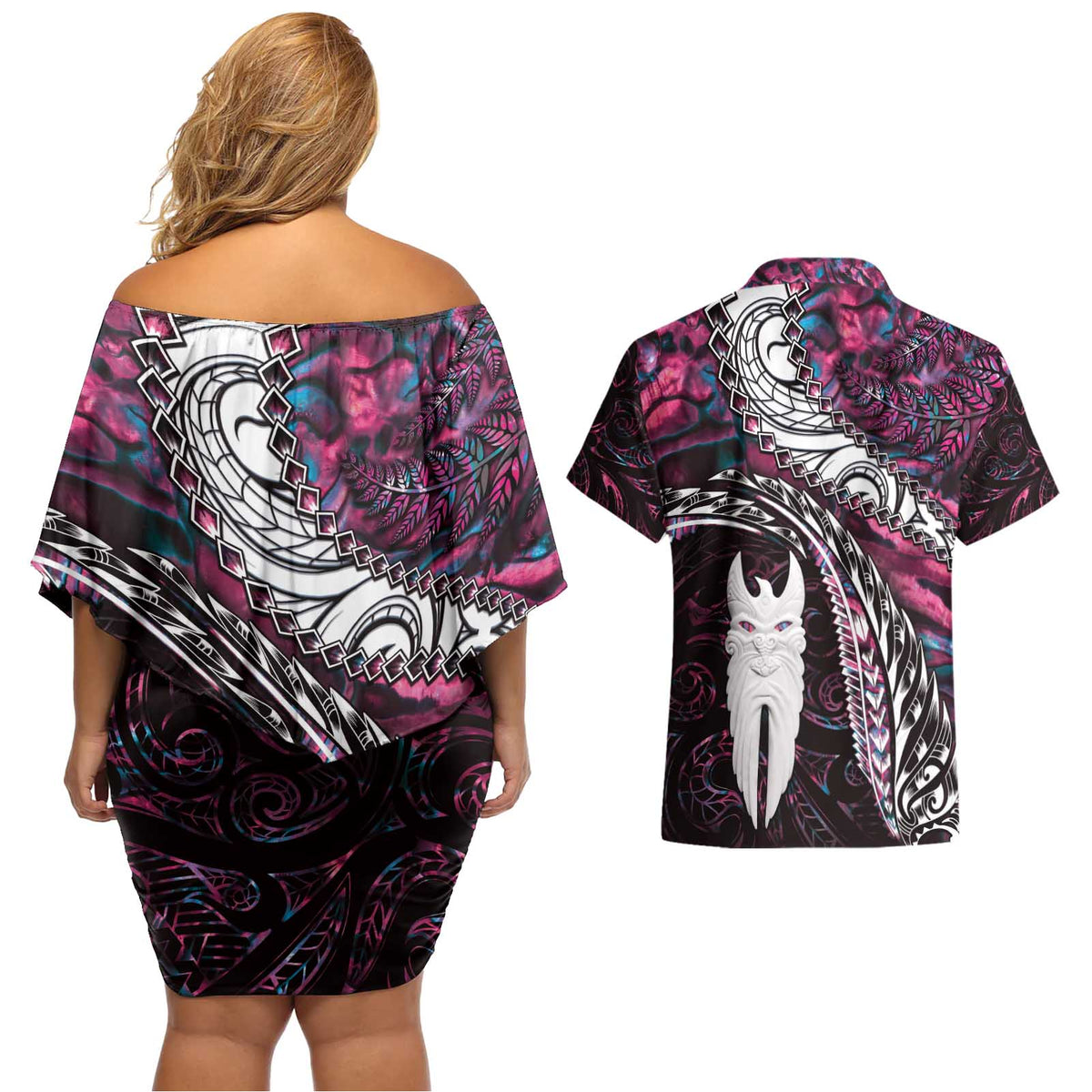 New Zealand Aotearoa Couples Matching Off Shoulder Short Dress and Hawaiian Shirt Maori Hei Rehua Paua Shell Glitter Pink