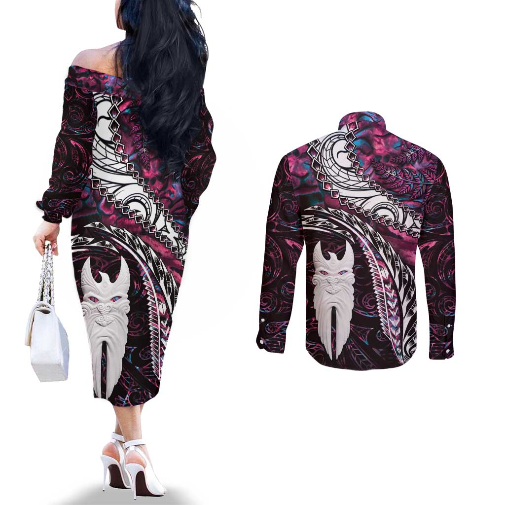 New Zealand Aotearoa Couples Matching Off The Shoulder Long Sleeve Dress and Long Sleeve Button Shirt Maori Hei Rehua Paua Shell Glitter Pink