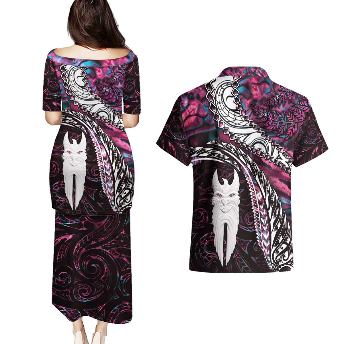 New Zealand Aotearoa Couples Matching Puletasi and Hawaiian Shirt Maori Hei Rehua Paua Shell Glitter Pink