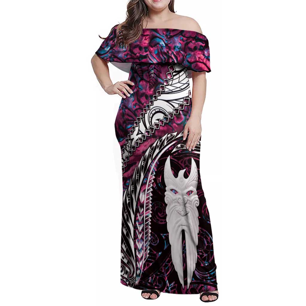 New Zealand Aotearoa Family Matching Off Shoulder Maxi Dress and Hawaiian Shirt Maori Hei Rehua Paua Shell Glitter Pink