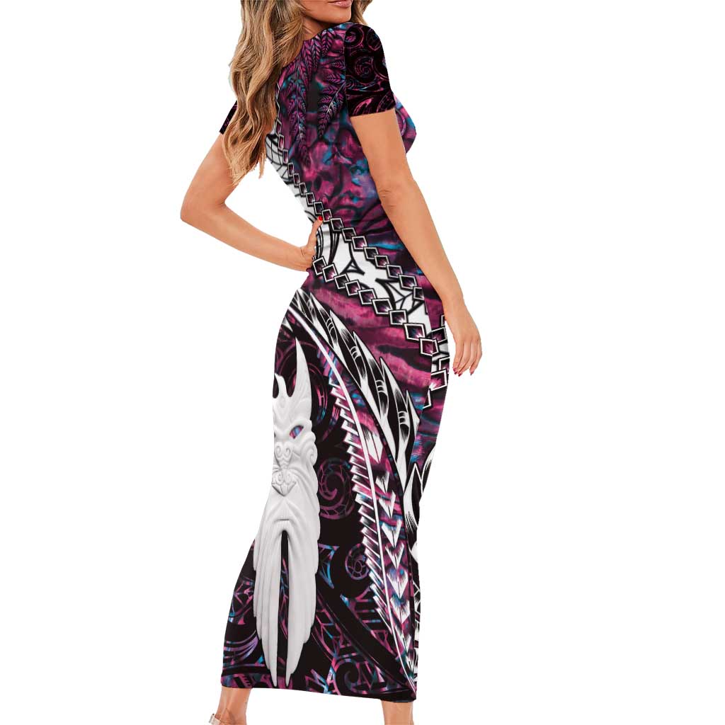 New Zealand Aotearoa Family Matching Short Sleeve Bodycon Dress and Hawaiian Shirt Maori Hei Rehua Paua Shell Glitter Pink