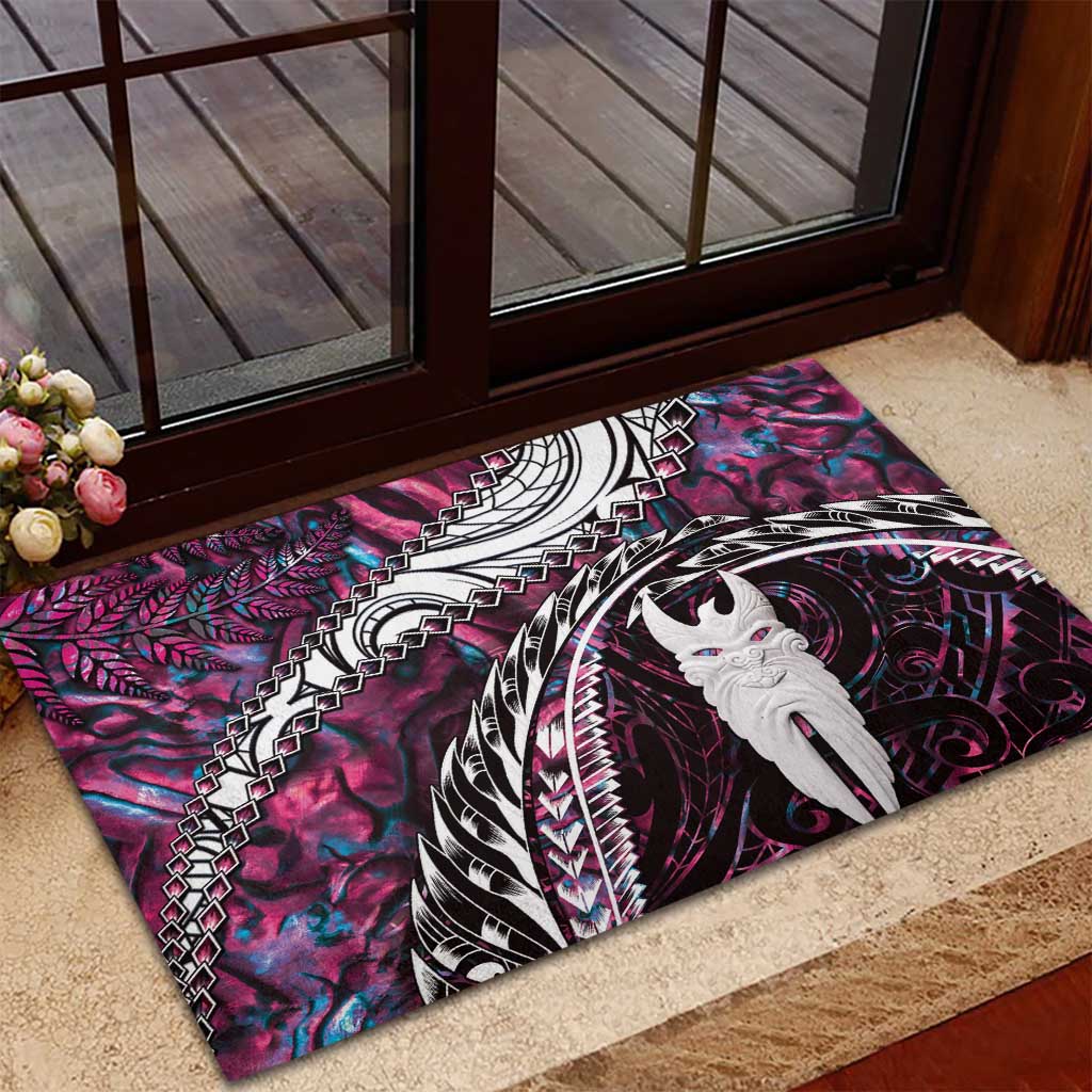 New Zealand Aotearoa Rubber Doormat Maori Hei Rehua Paua Shell Glitter Pink