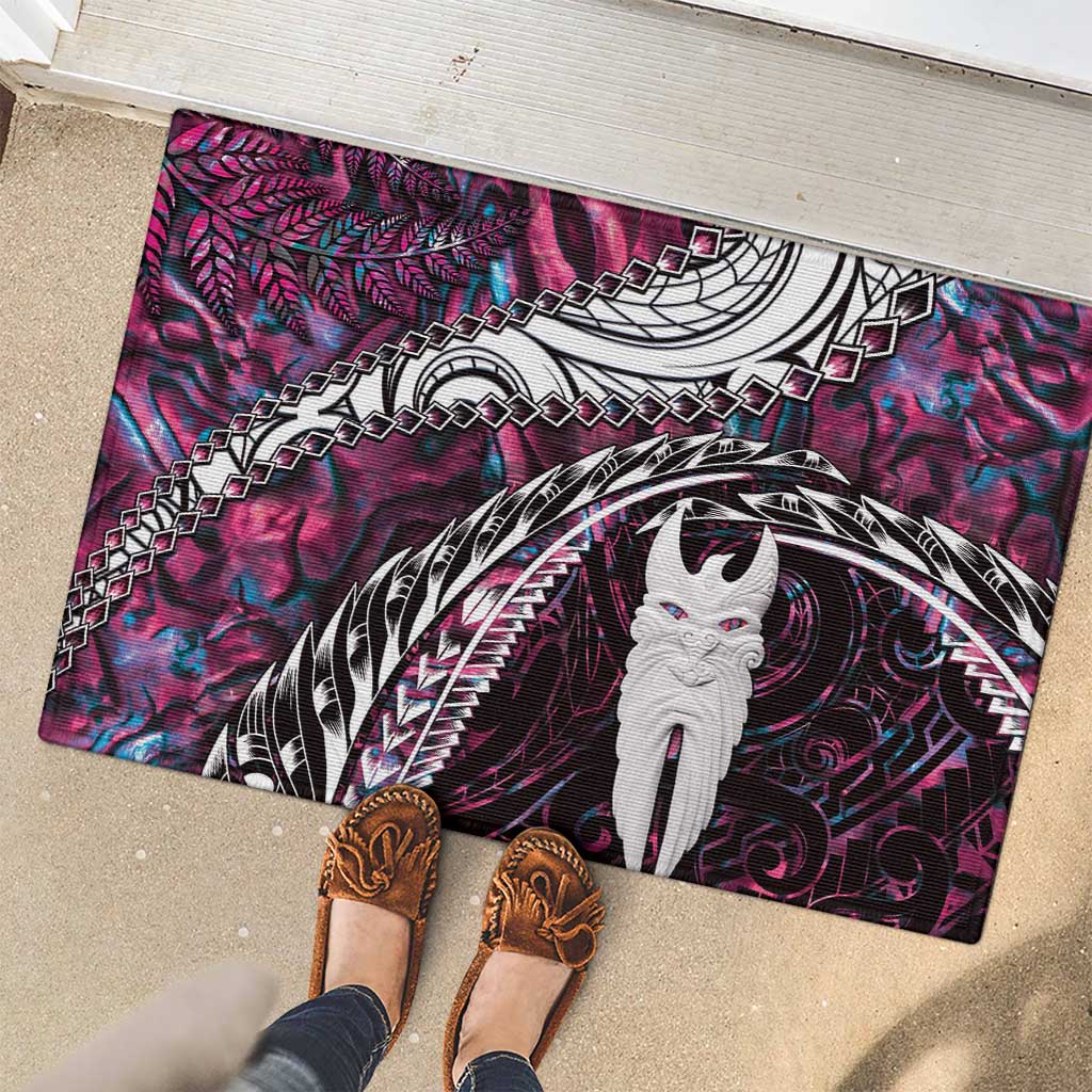 New Zealand Aotearoa Rubber Doormat Maori Hei Rehua Paua Shell Glitter Pink