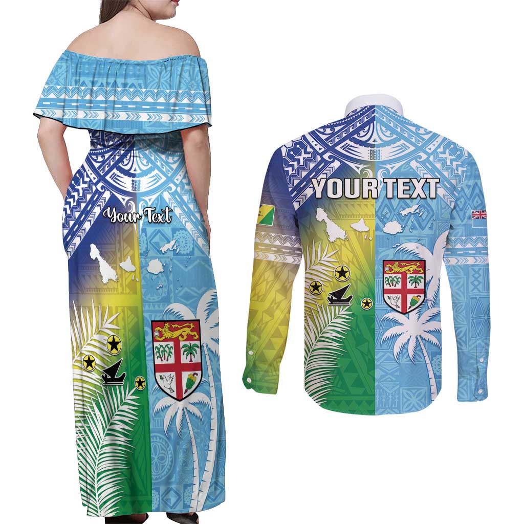 Personalised Happy Malampa Fiji Day Couples Matching Off Shoulder Maxi Dress and Long Sleeve Button Shirt Half Mix Style