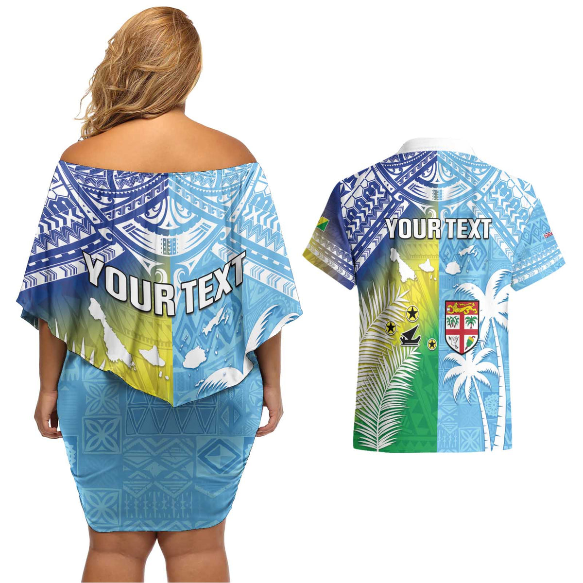 Personalised Happy Malampa Fiji Day Couples Matching Off Shoulder Short Dress and Hawaiian Shirt Half Mix Style