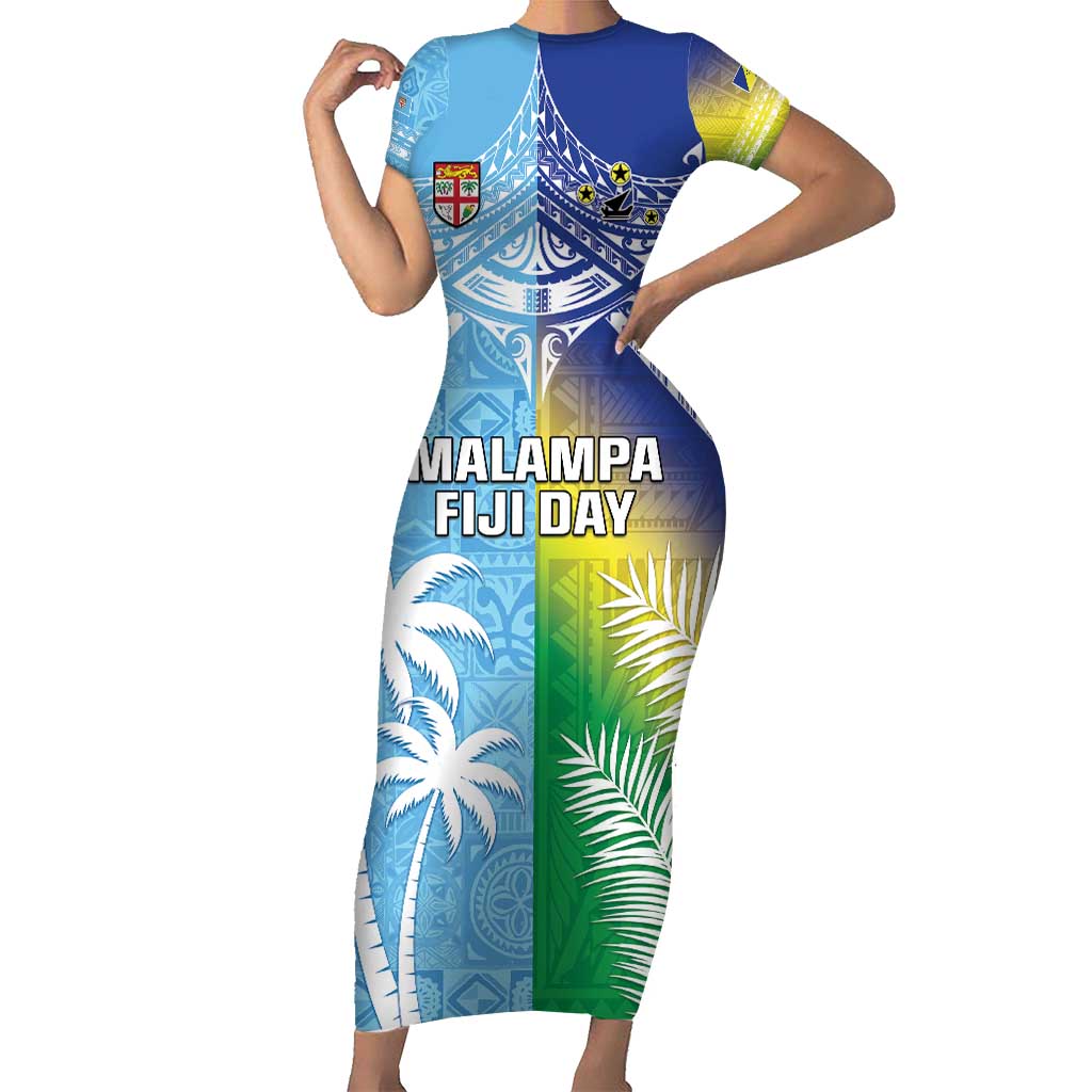 Personalised Happy Malampa Fiji Day Family Matching Short Sleeve Bodycon Dress and Hawaiian Shirt Half Mix Style