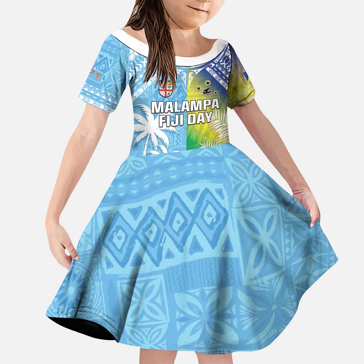 Personalised Happy Malampa Fiji Day Kid Short Sleeve Dress Half Mix Style LT05 KID Blue - Polynesian Pride