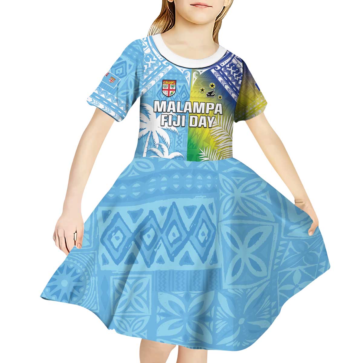 Personalised Happy Malampa Fiji Day Kid Short Sleeve Dress Half Mix Style LT05 - Polynesian Pride