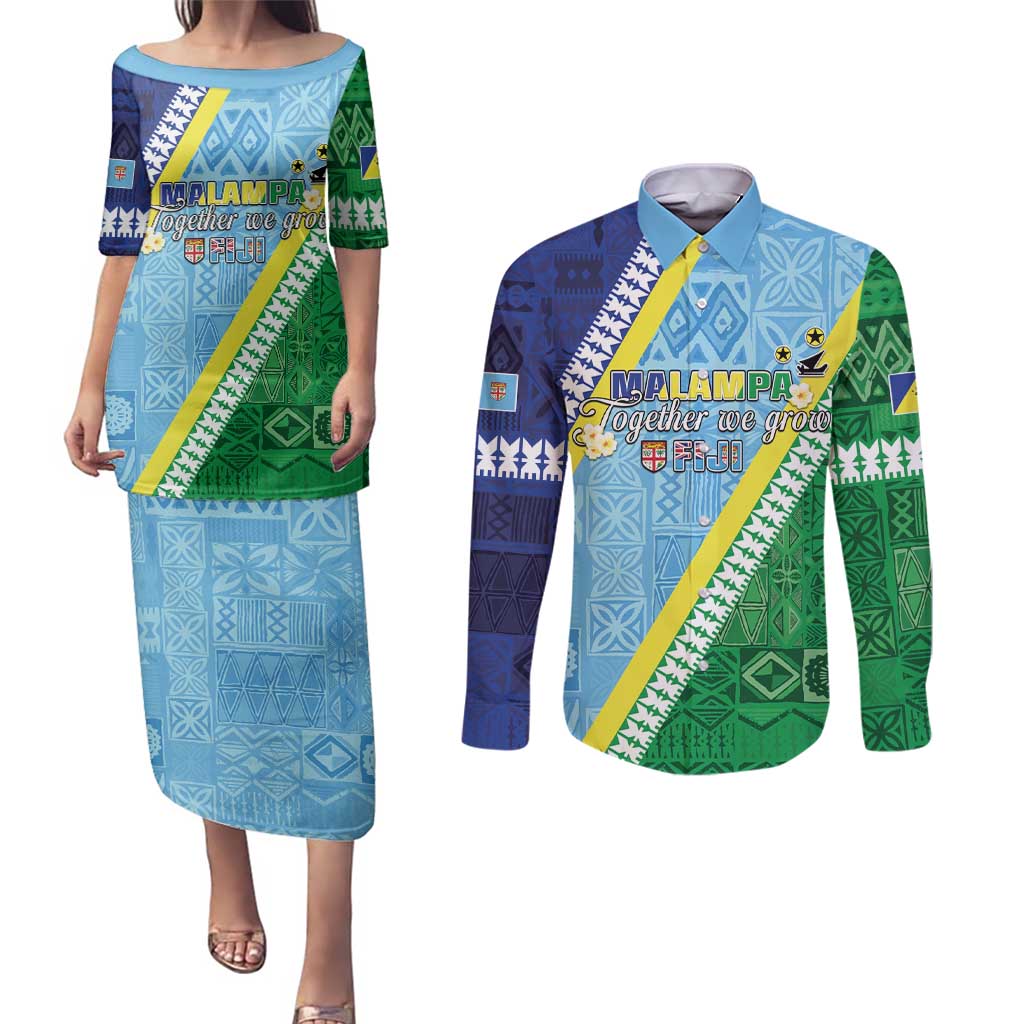 Love Malampa Fiji Day Couples Matching Puletasi and Long Sleeve Button Shirt Together We Grow LT05 Blue - Polynesian Pride