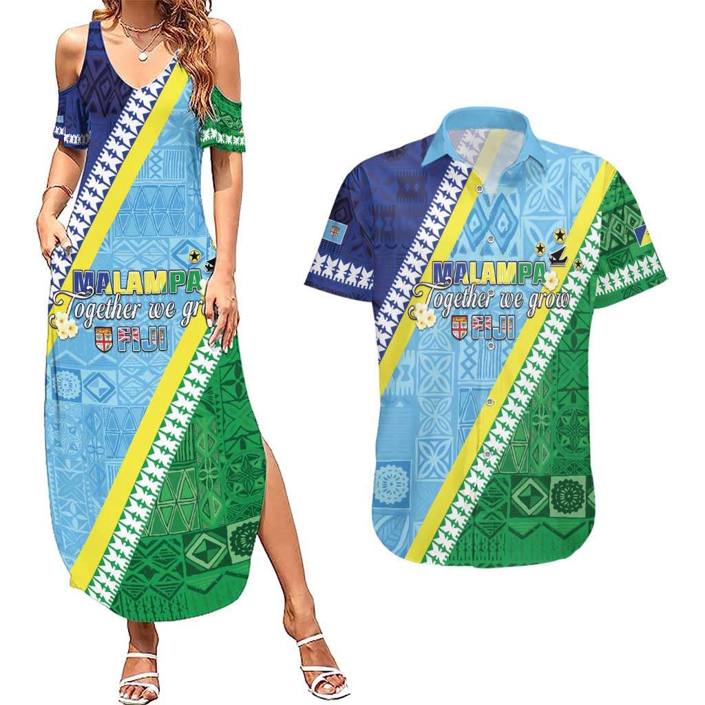 Love Malampa Fiji Day Couples Matching Summer Maxi Dress and Hawaiian Shirt Together We Grow LT05 Blue - Polynesian Pride